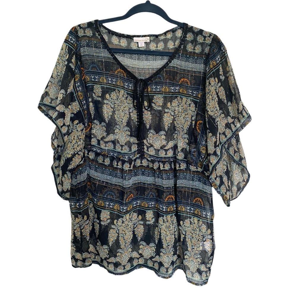 Westport 1962 Womens Size 1X Top Blouse Sheer flowy boho peasant V Neck Blue